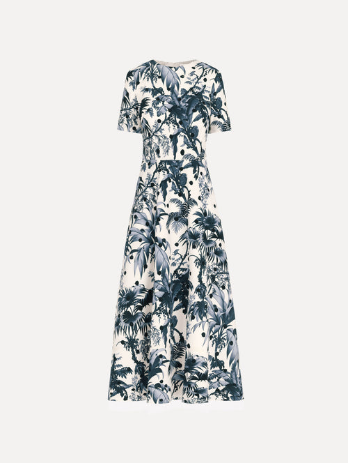Dotted Palm Leaves Cotton Poplin Short-Sleeve Dress in Navy/White. Front view.