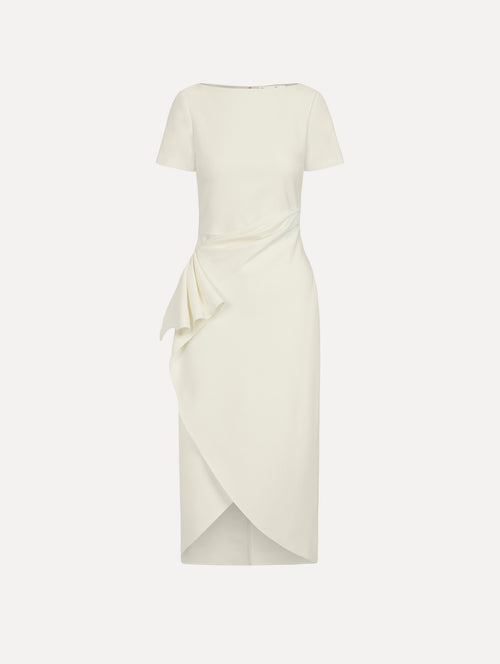 The Drape-Detail Wool Dress in Ivory. Front View.