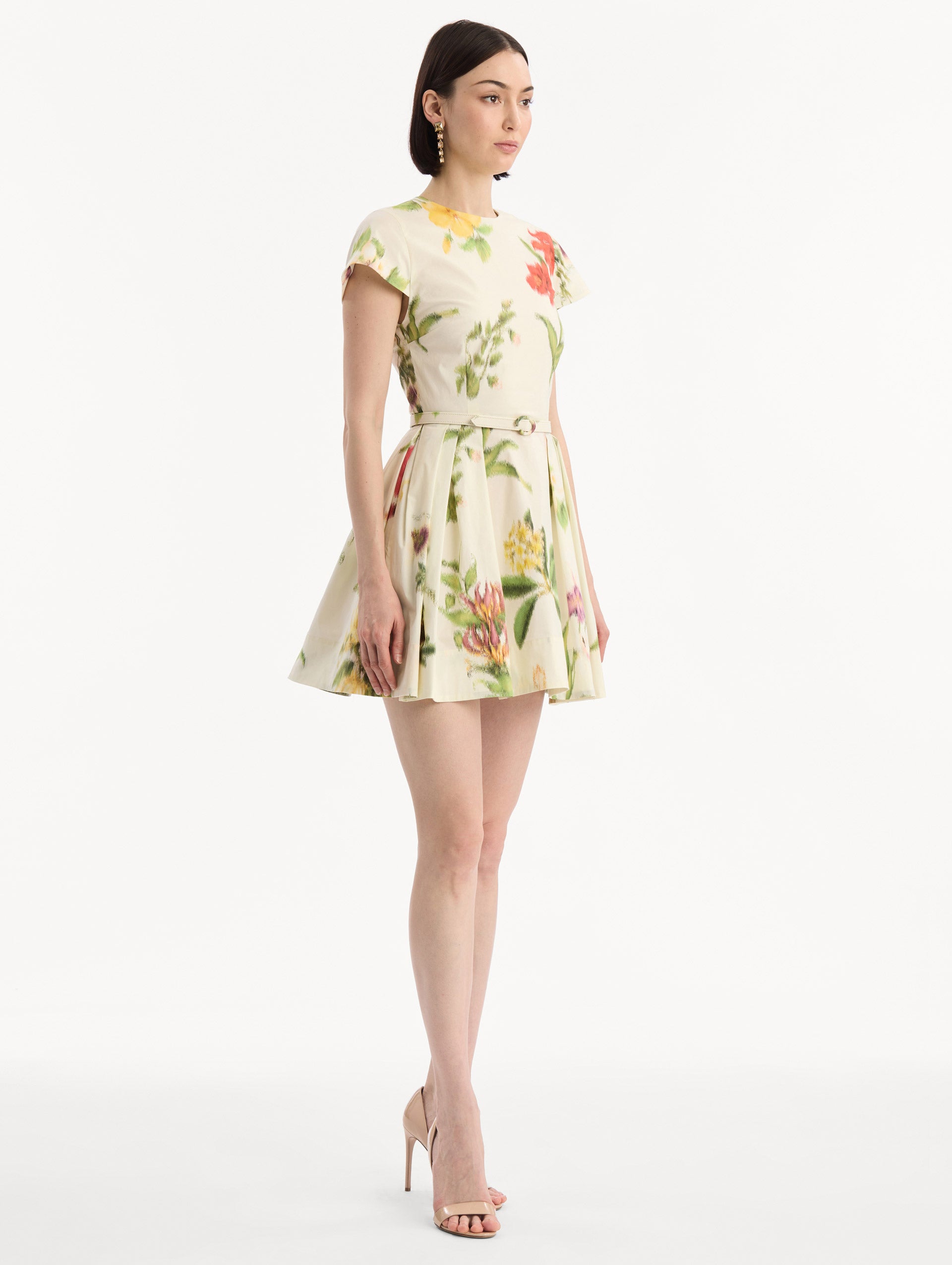 Oscar de la Renta Short Sleeve Chine Floral Poplin Day Dress - Ivory Multi
