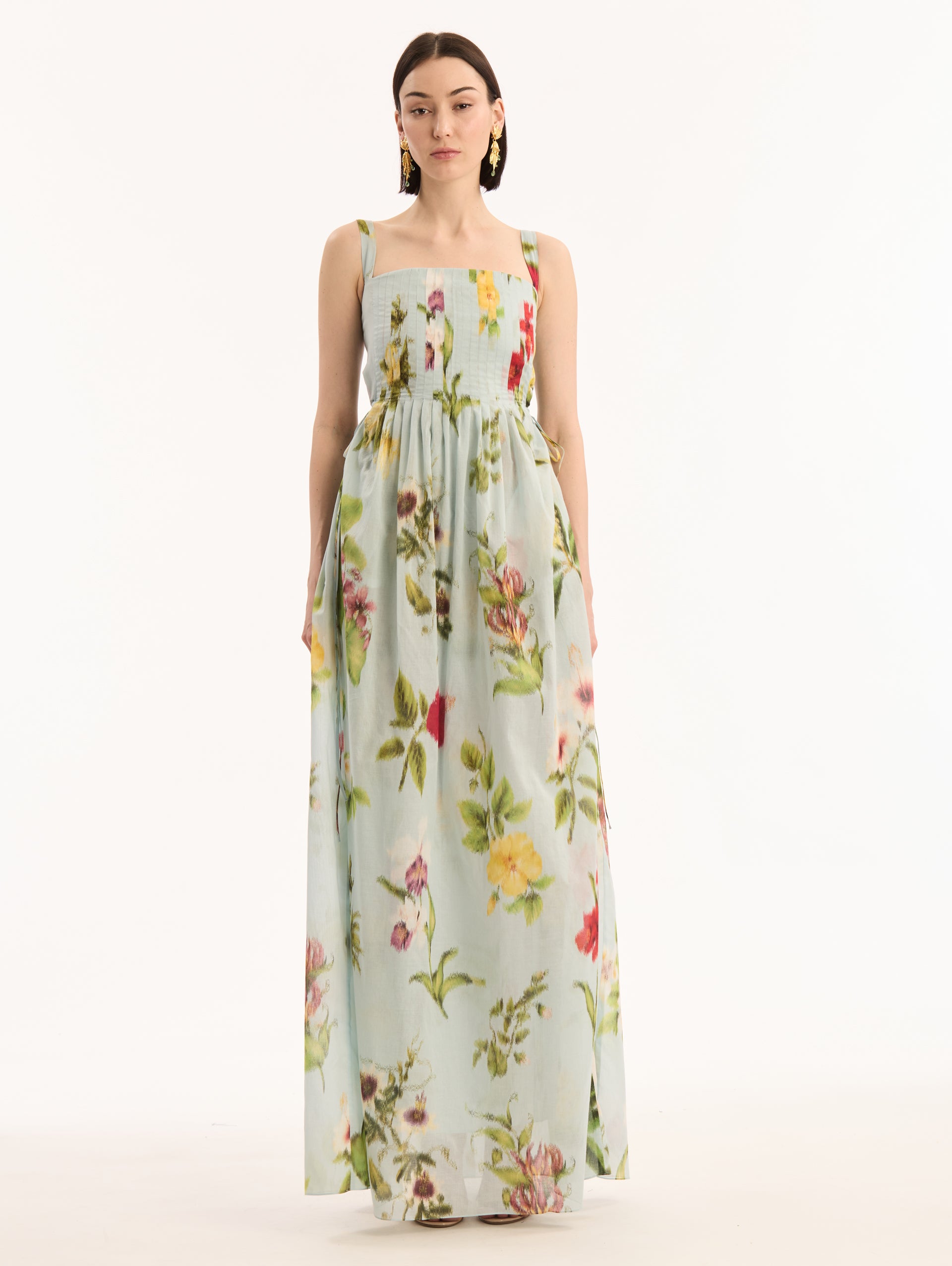 Light Blue, Square Neck Voile Dress with Chiné Dominican Mixed-Floral Print. Front View.