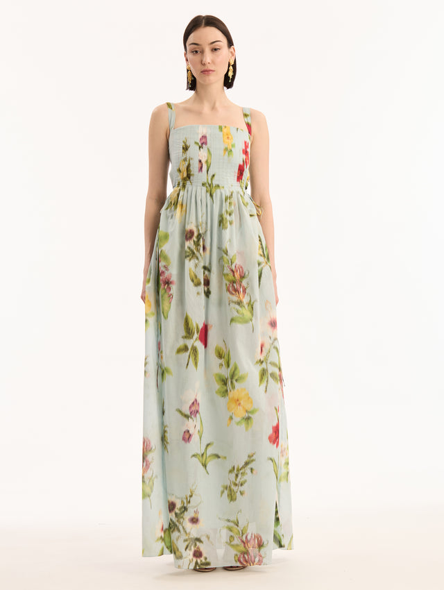 Light Blue, Square Neck Voile Dress with Chiné Dominican Mixed-Floral Print. Front View.