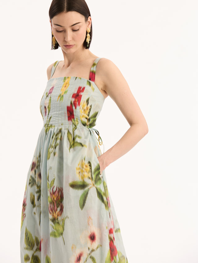 Light Blue, Square Neck Voile Dress with Chiné Dominican Mixed-Floral Print. Side View.