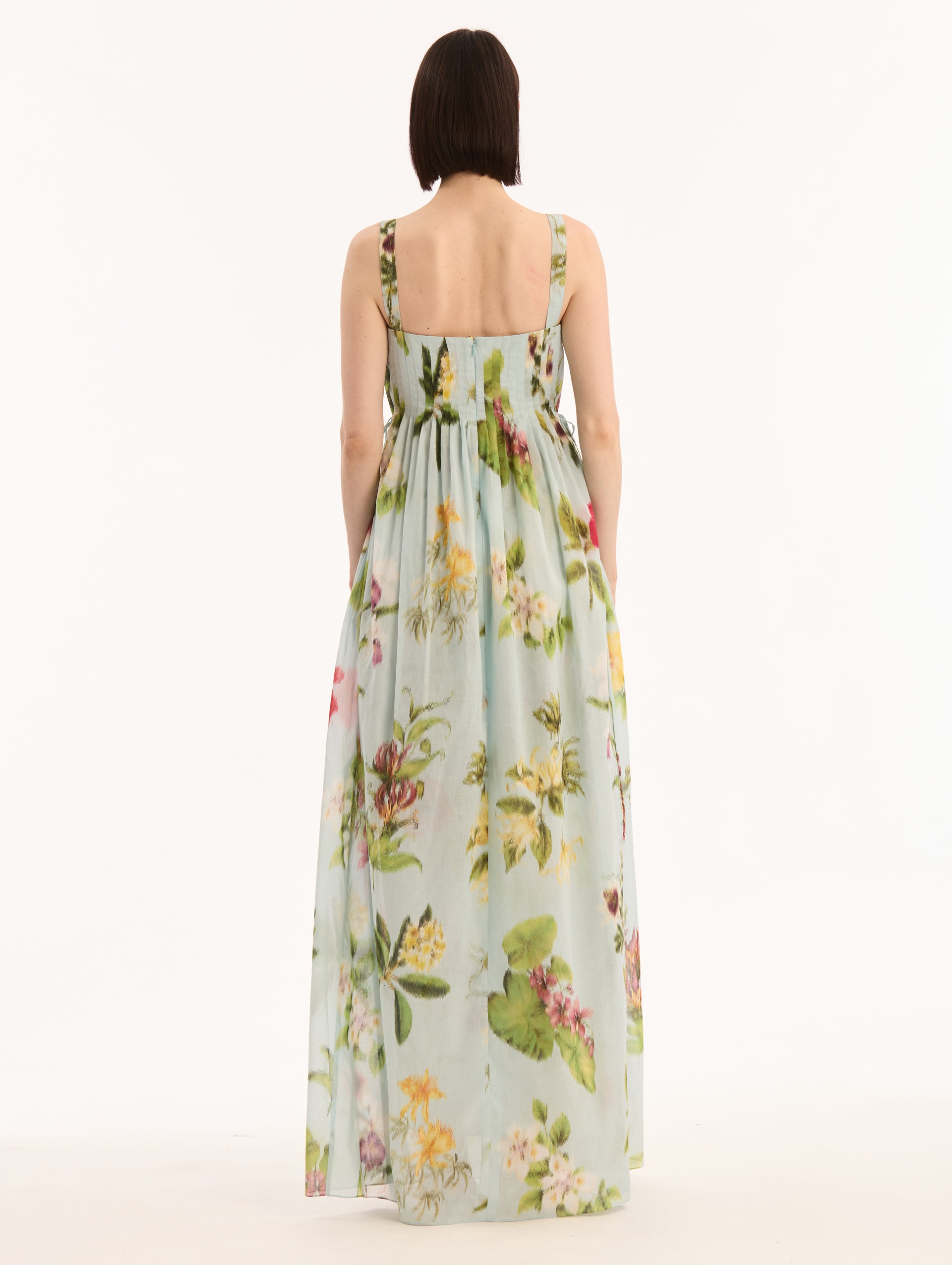 Light Blue, Square Neck Voile Dress with Chiné Dominican Mixed-Floral Print. Back View.