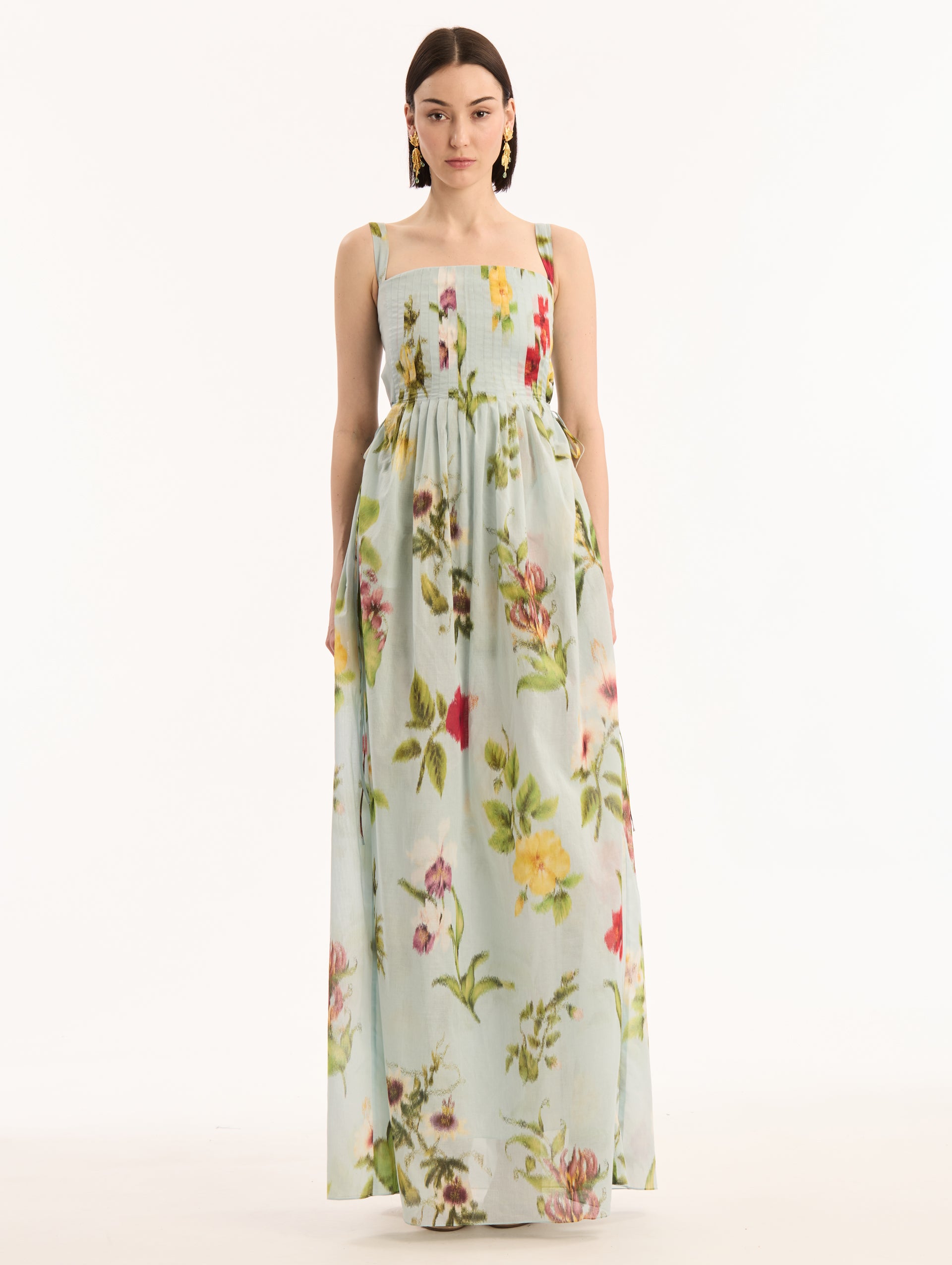 Light Blue, Square Neck Voile Dress with Chiné Dominican Mixed-Floral Print. Front View.