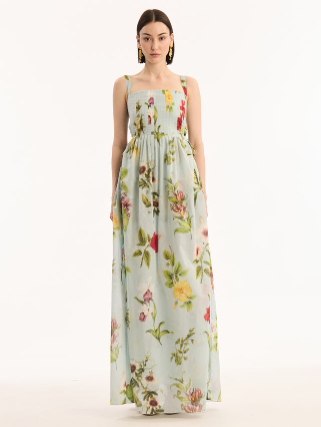 Light Blue, Square Neck Voile Dress with Chiné Dominican Mixed-Floral Print. Front View.