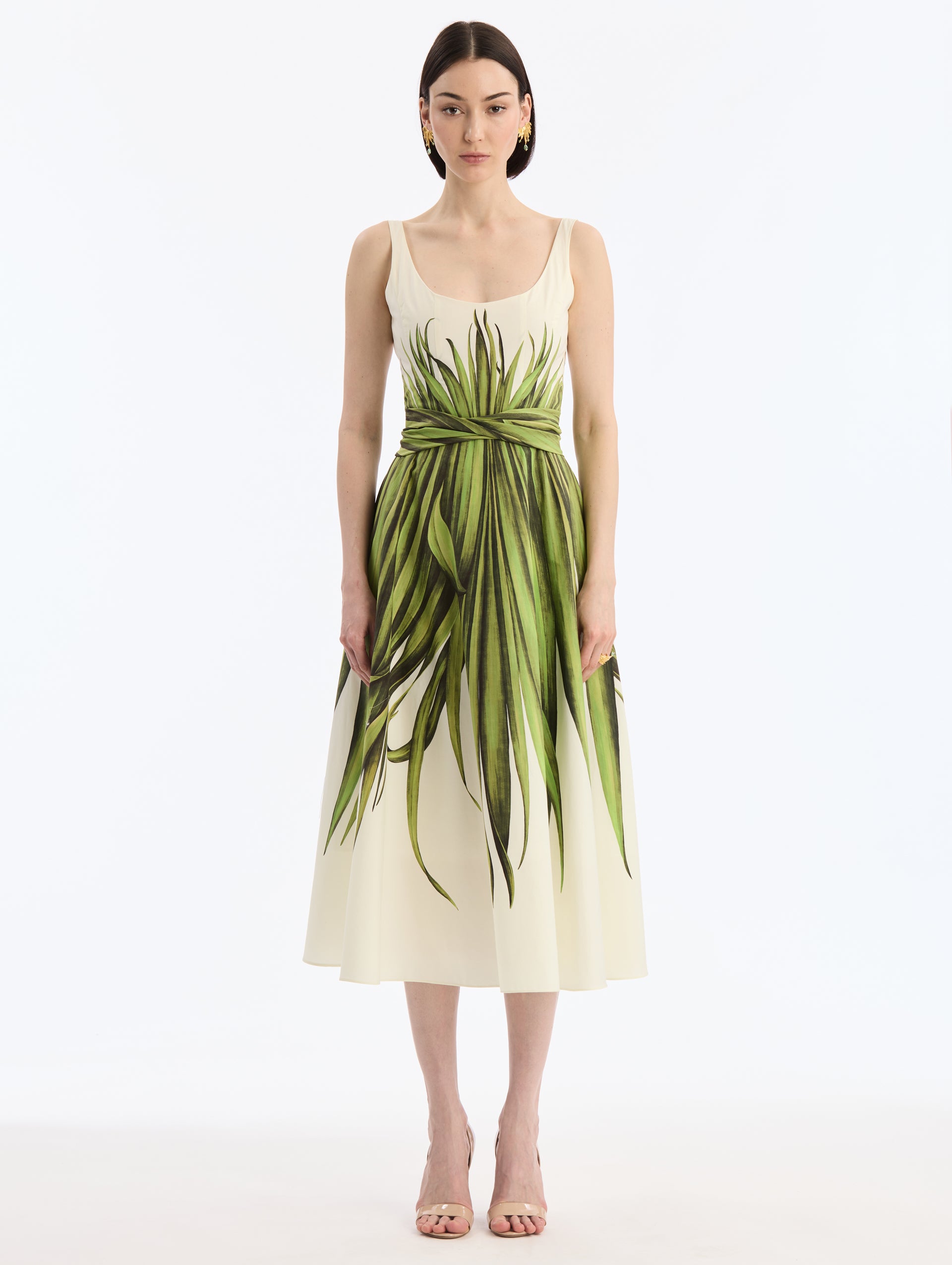 Ivory, Scoop Neck Cotton Poplin Midi Dress with Palm Leaves Print and Matching Belt. Front View. 