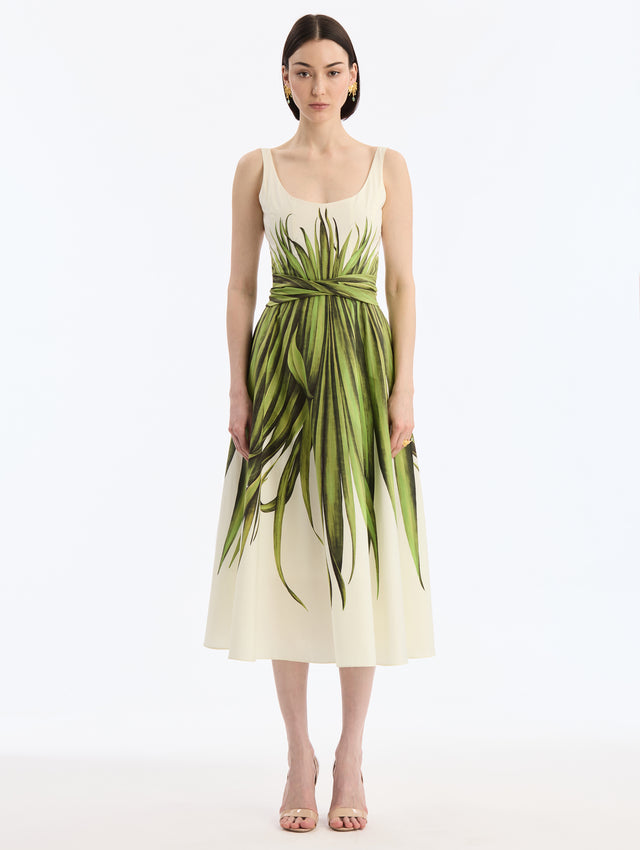 Ivory, Scoop Neck Cotton Poplin Midi Dress with Palm Leaves Print and Matching Belt. Front View. 