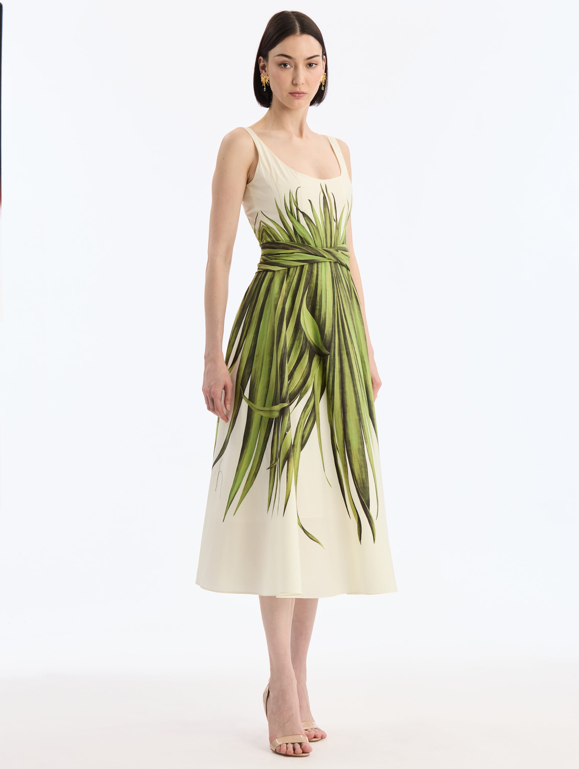 Ivory, Scoop Neck Cotton Poplin Midi Dress with Palm Leaves Print and Matching Belt. Side View. 