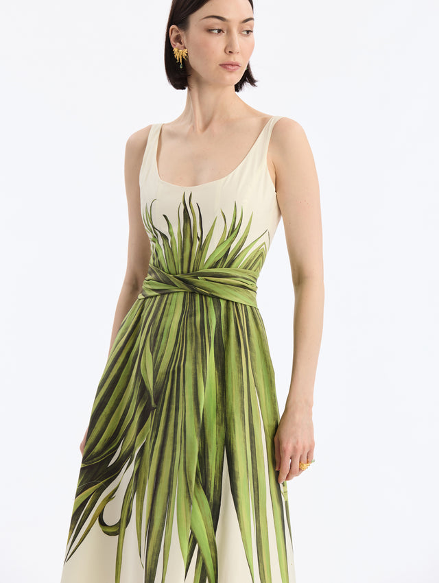 Ivory, Scoop Neck Cotton Poplin Midi Dress with Palm Leaves Print and Matching Belt. Close Up Side View. 