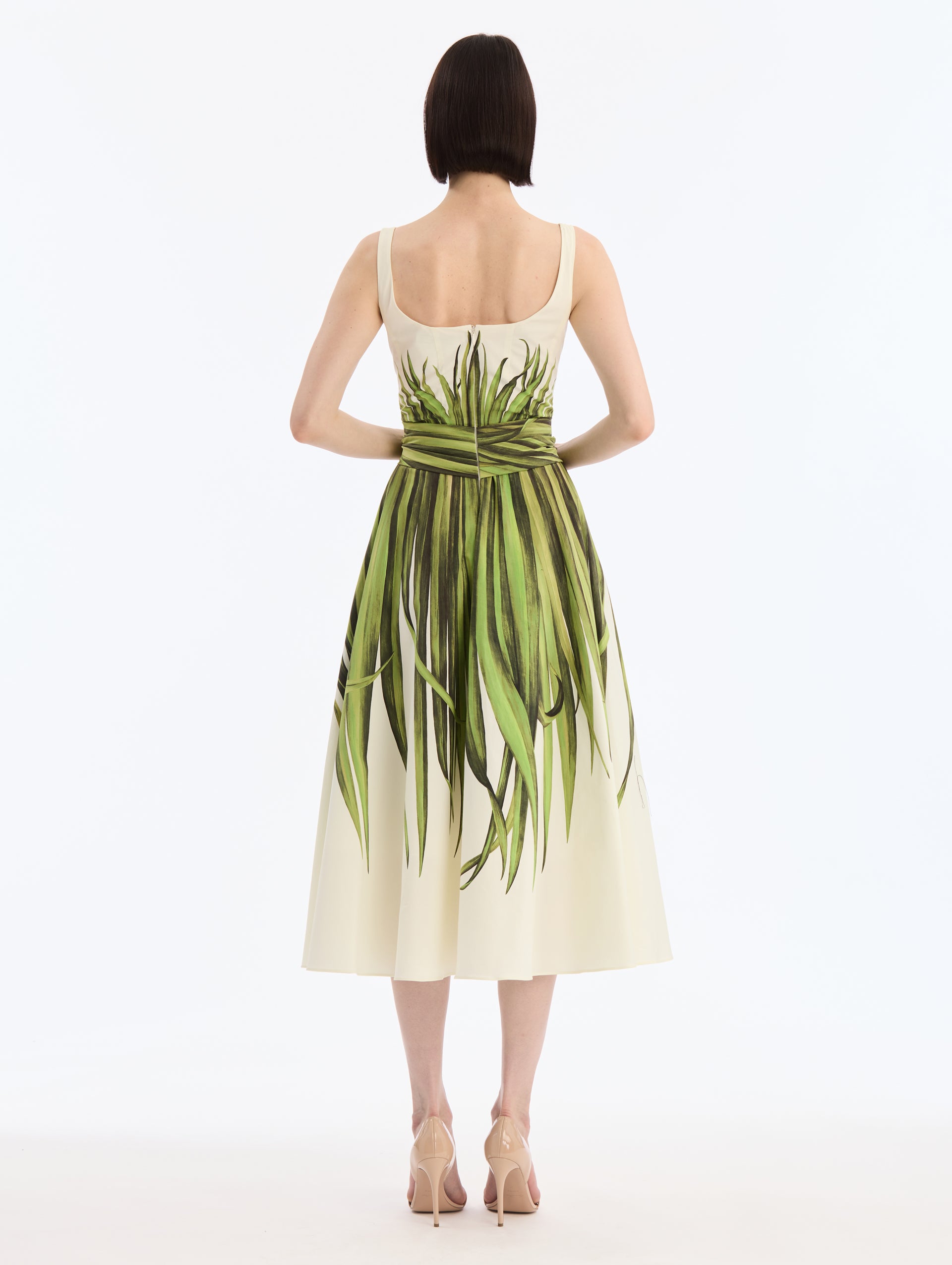 Ivory, Scoop Neck Cotton Poplin Midi Dress with Palm Leaves Print and Matching Belt. Back View. 
