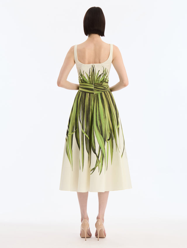 Ivory, Scoop Neck Cotton Poplin Midi Dress with Palm Leaves Print and Matching Belt. Back View. 