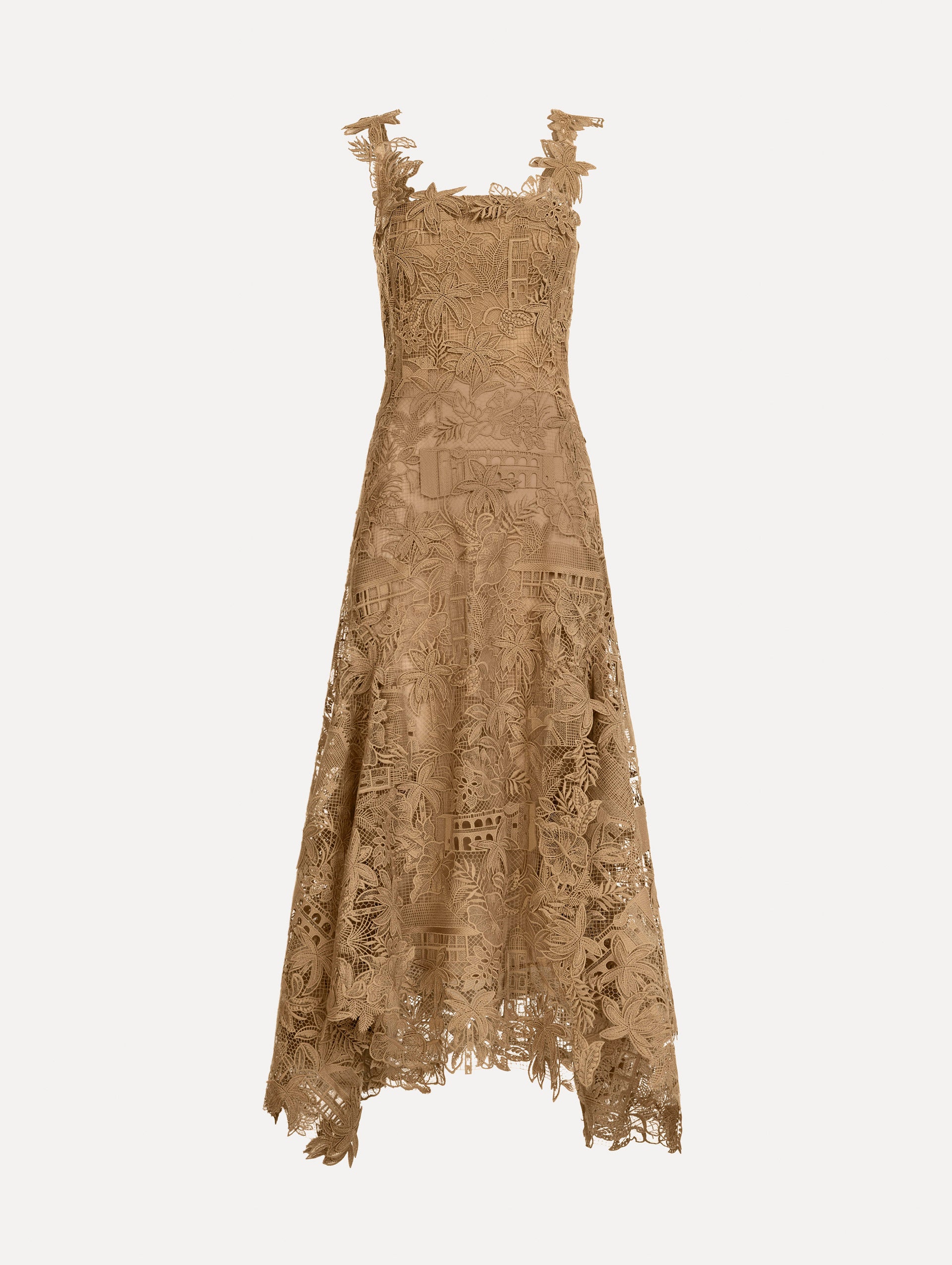 The Dominican Landscape Guipure Dress. Featuring a square neckline, tank straps, and lace guipure fabrication. Front View.