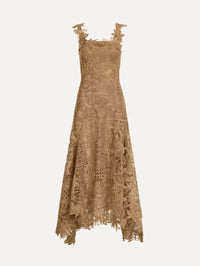 The Dominican Landscape Guipure Dress. Featuring a square neckline, tank straps, and lace guipure fabrication. Front View.