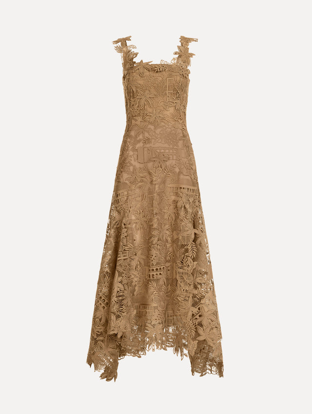The Dominican Landscape Guipure Dress. Featuring a square neckline, tank straps, and lace guipure fabrication. Front View.