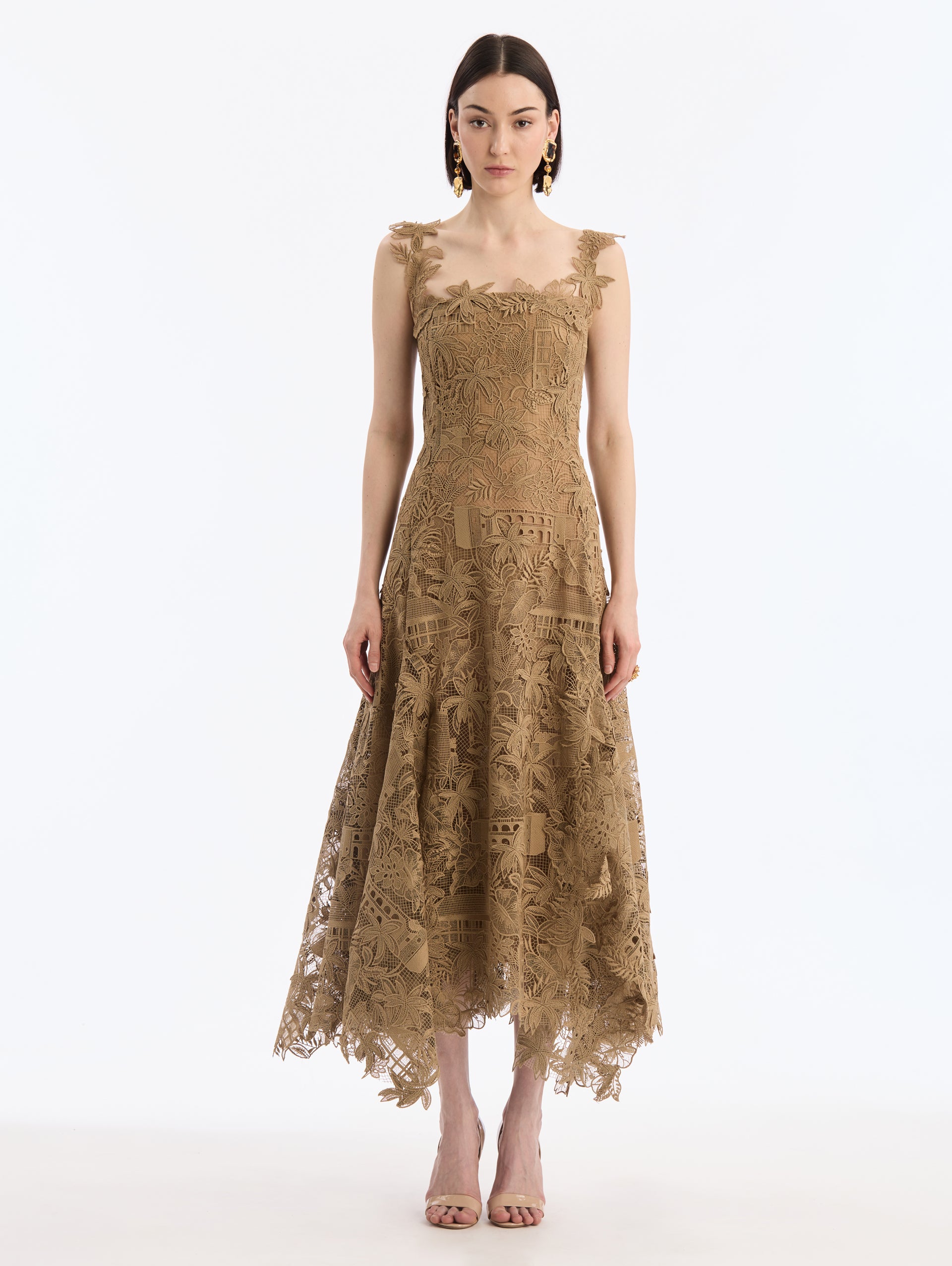 Dominican Republic Toile Guipure Midi Dress in Biscuit. Square Neckline with Guipure straps. Front View. 