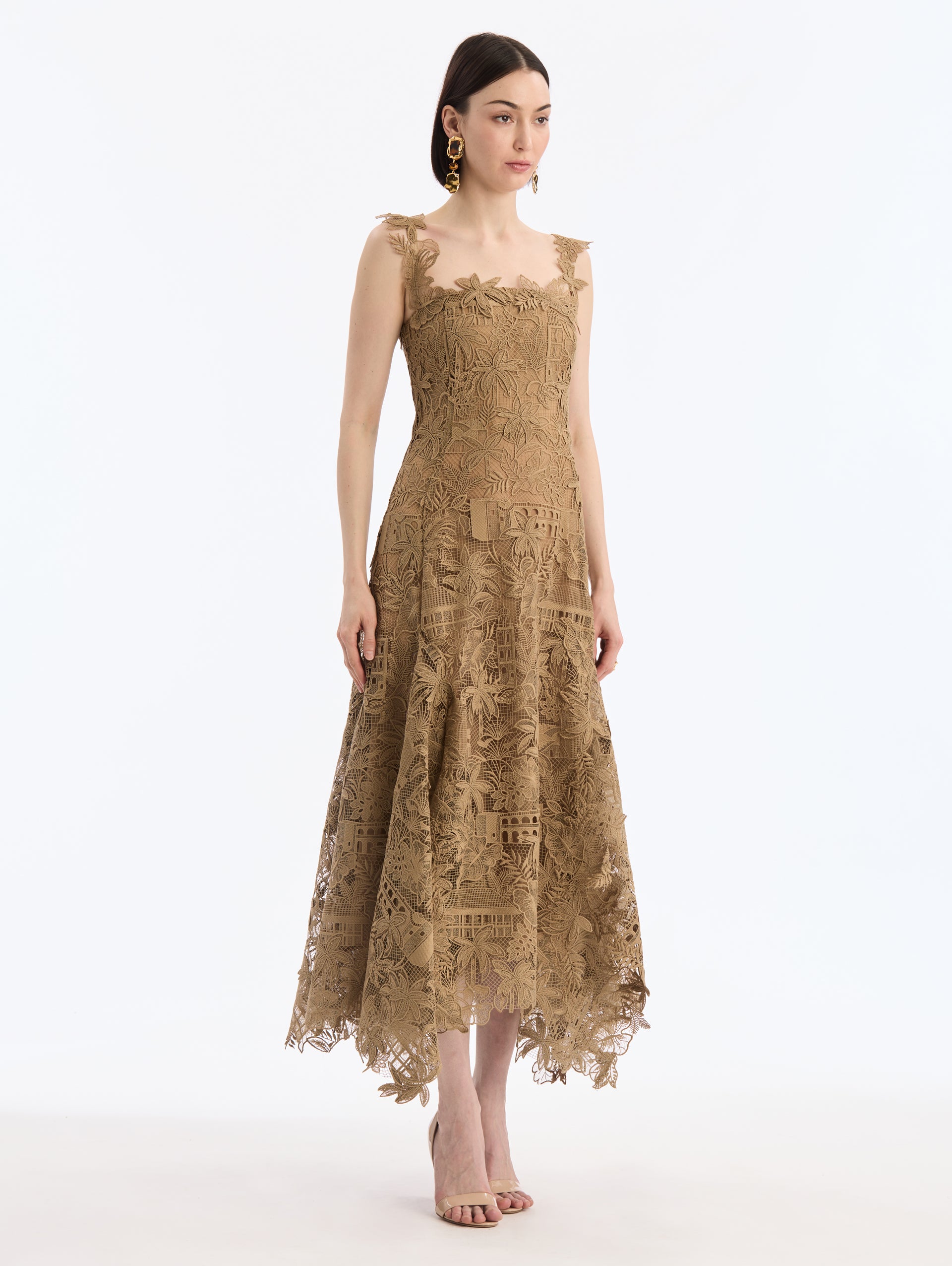 Dominican Republic Toile Guipure Midi Dress in Biscuit. Square Neckline with Guipure straps. Side View. 