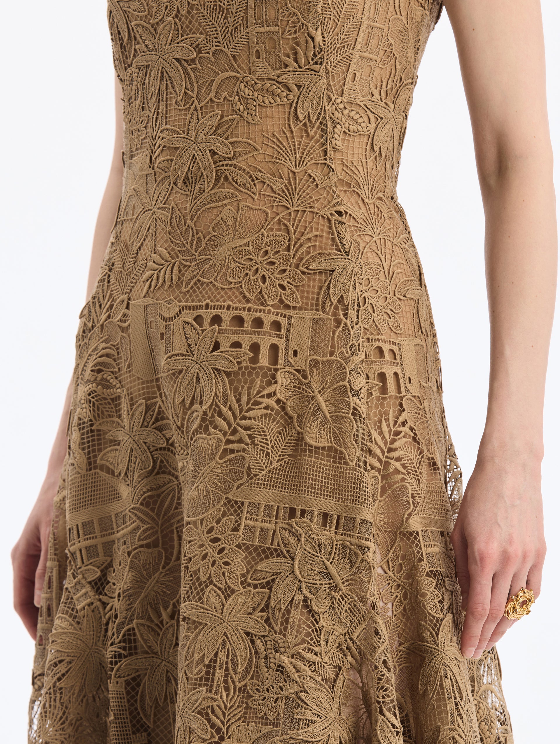 Dominican Republic Toile Guipure Midi Dress in Biscuit. Square Neckline with Guipure straps. Close Up Side View. 