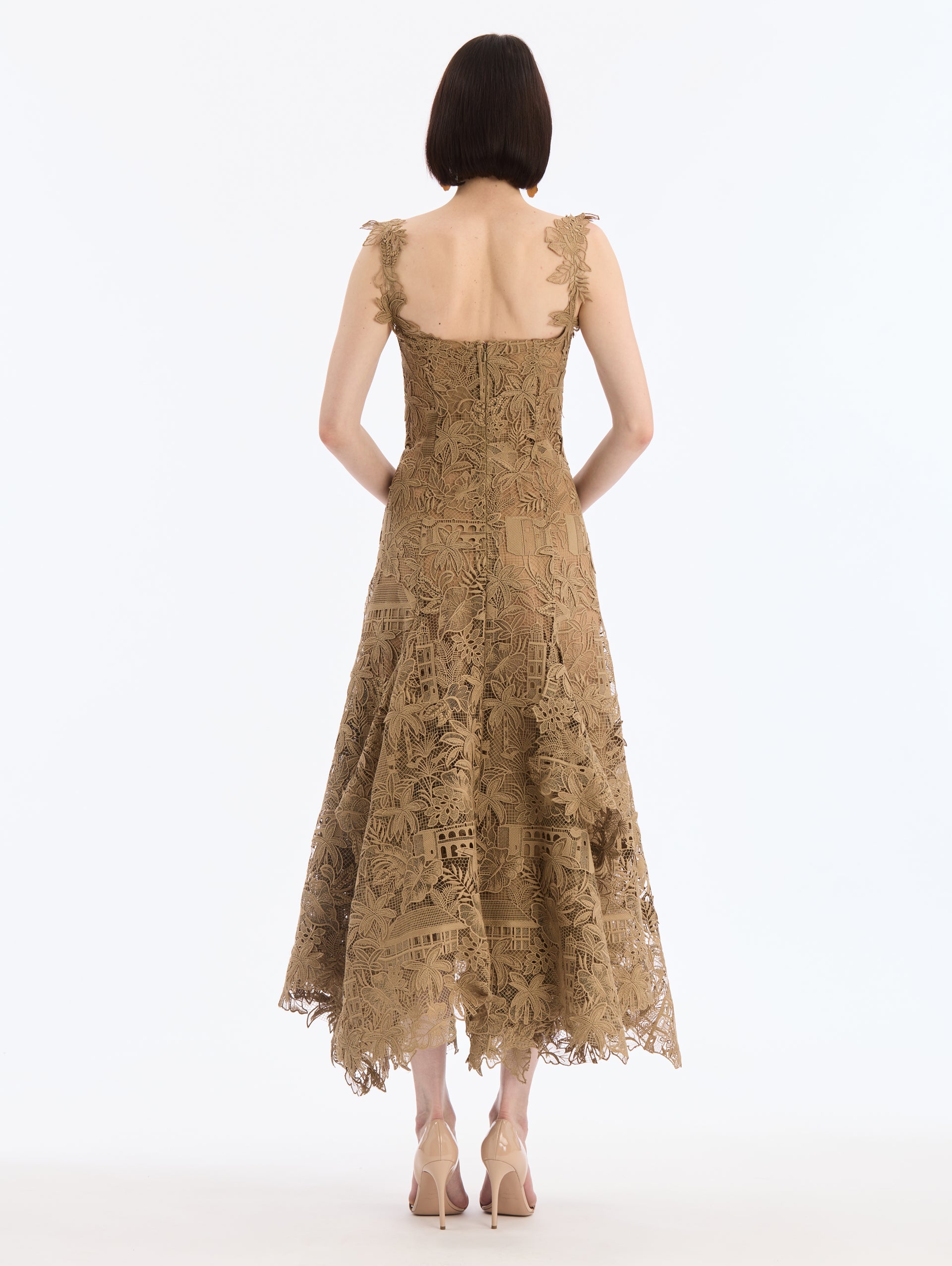 Dominican Republic Toile Guipure Midi Dress in Biscuit. Square Neckline with Guipure straps. Back View. 