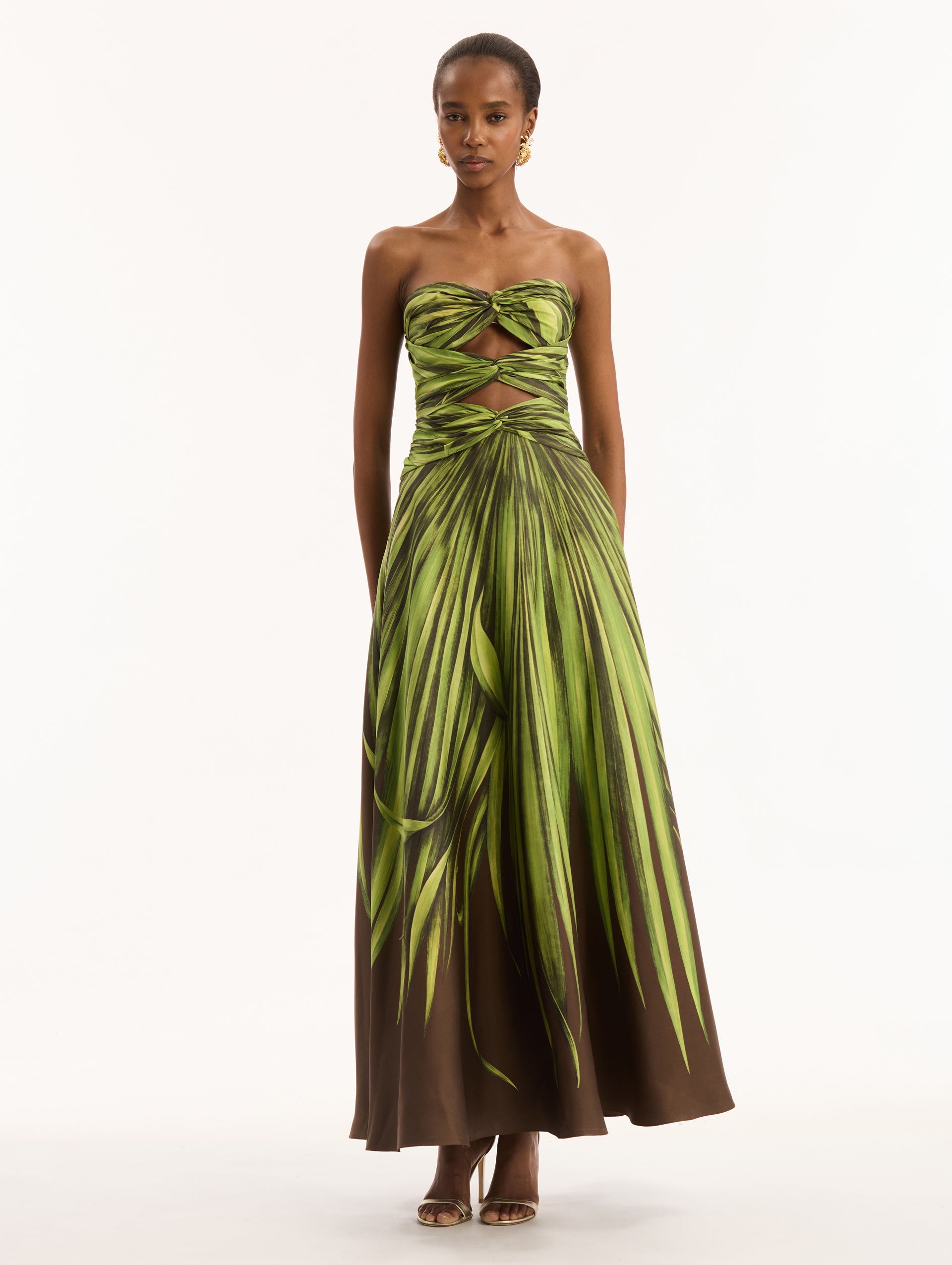Palm Leaves Silk Twill Cocktail Maxi Dress. Diamond Cutouts in Bodice. Full Skirt. Front View. 