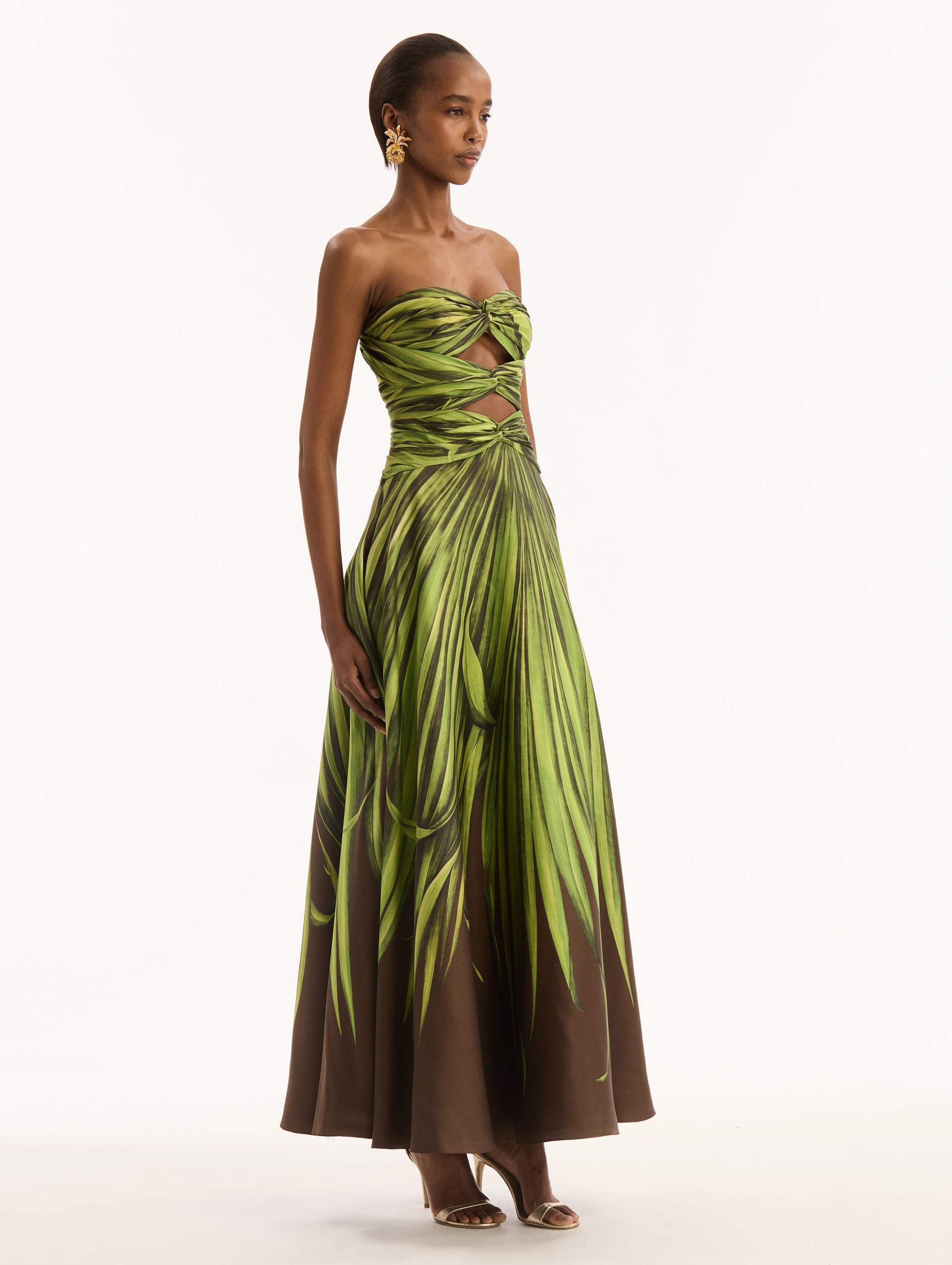 Palm Leaves Silk Twill Cocktail Maxi Dress. Diamond Cutouts in Bodice. Full Skirt. Side View. 