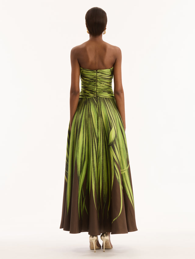 Palm Leaves Silk Twill Cocktail Maxi Dress. Diamond Cutouts in Bodice. Full Skirt. Back View. 