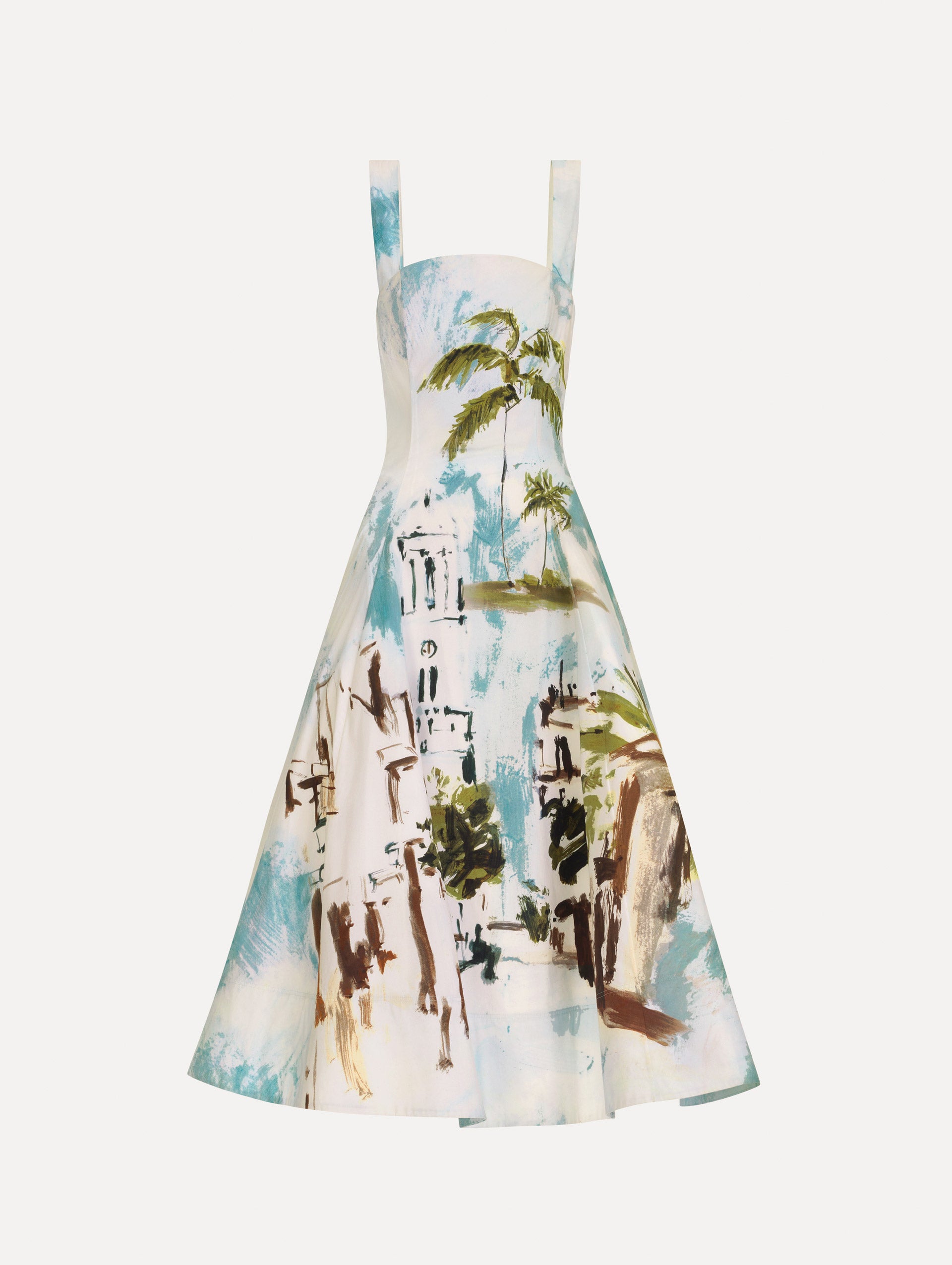 The Dominican Landscape Cotton Poplin Sleeveless Dress. Featuring tank straps with bow feature in back, and a full, midi-length skirt. Front View.