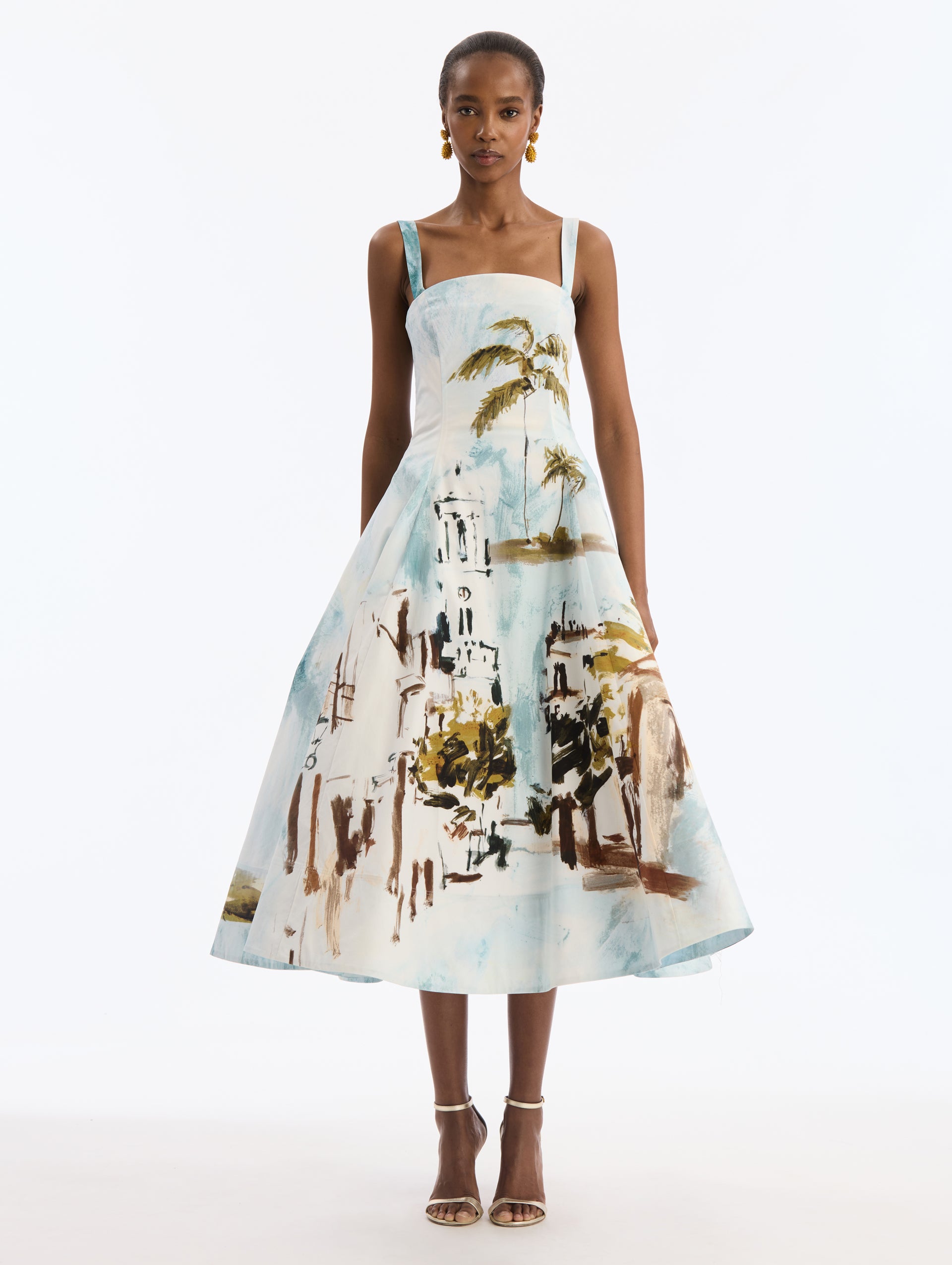 Cotton Poplin Sleeveless Midi Dress with Dominican Landscape Print. Front View.