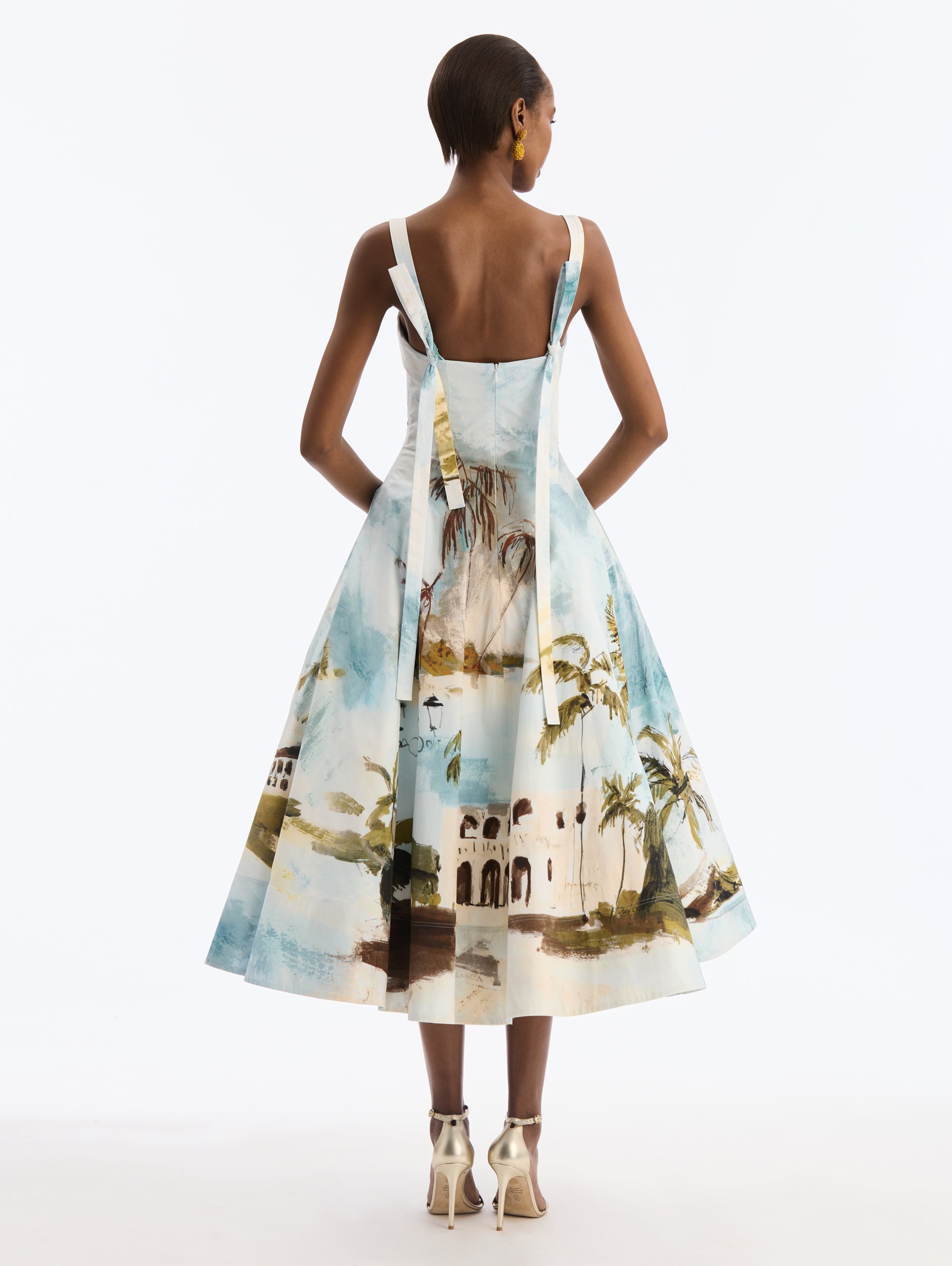 Cotton Poplin Sleeveless Midi Dress with Dominican Landscape Print. Back View.