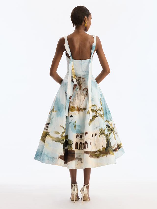 Cotton Poplin Sleeveless Midi Dress with Dominican Landscape Print. Back View.