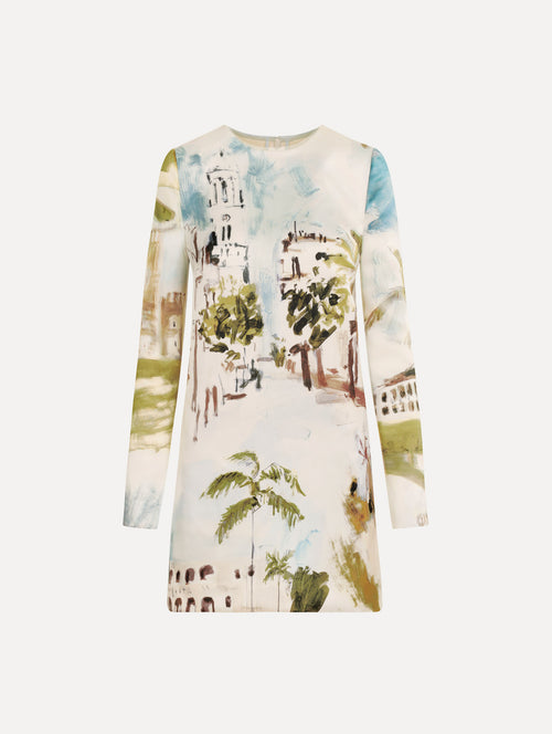 The Dominican Landscape Shift Dress. Featuring long sleeves and a mini length. Front View.