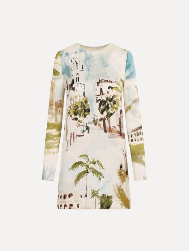 The Dominican Landscape Shift Dress. Featuring long sleeves and a mini length. Front View.