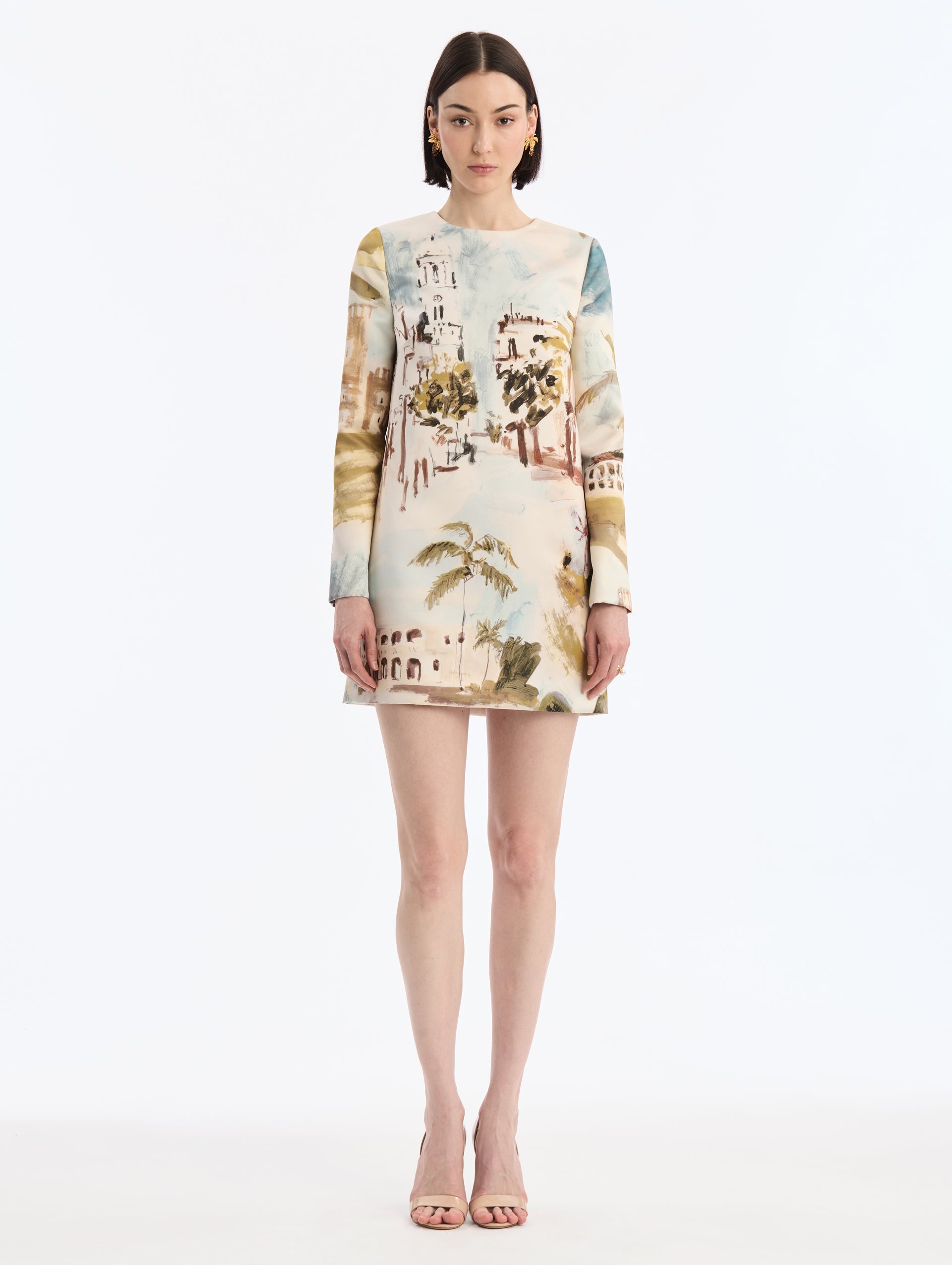 Long Sleeve, Toile, Shift, Midi Dress with Dominican Republic Print. Pocketed. Front View.