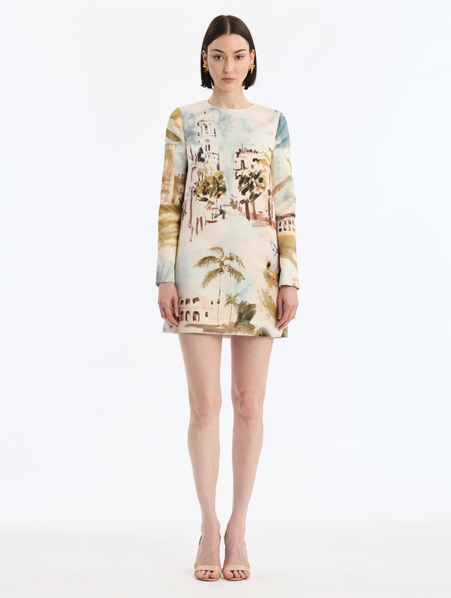 Long Sleeve, Toile, Shift, Midi Dress with Dominican Republic Print. Pocketed. Front View.