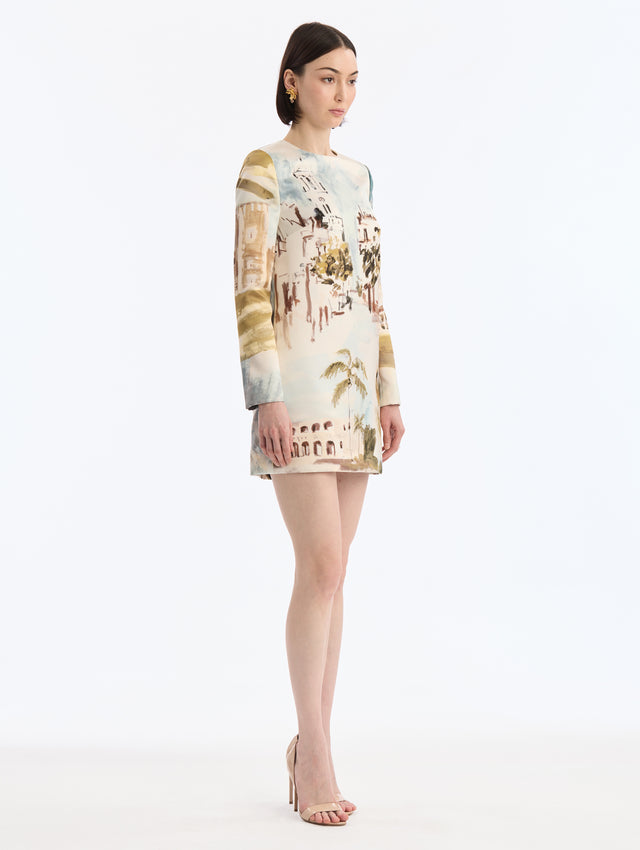 Long Sleeve, Toile, Shift, Midi Dress with Dominican Republic Print. Pocketed.Side View.