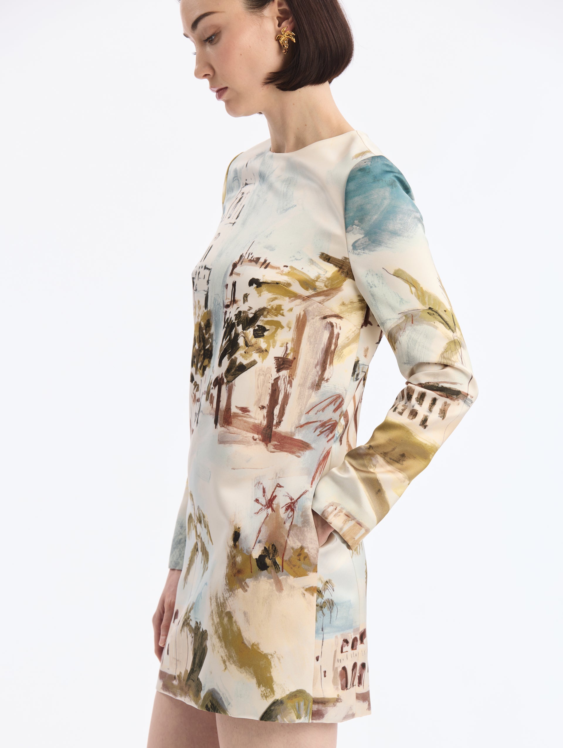 Long Sleeve, Toile, Shift, Midi Dress with Dominican Republic Print. Pocketed. Close Up Side View.