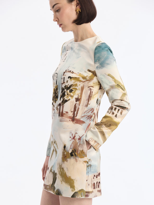 Long Sleeve, Toile, Shift, Midi Dress with Dominican Republic Print. Pocketed. Close Up Side View.