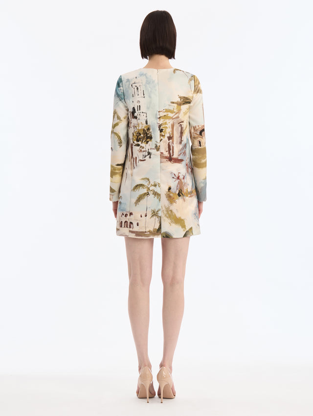 Long Sleeve, Toile, Shift, Midi Dress with Dominican Republic Print. Pocketed. Back View.