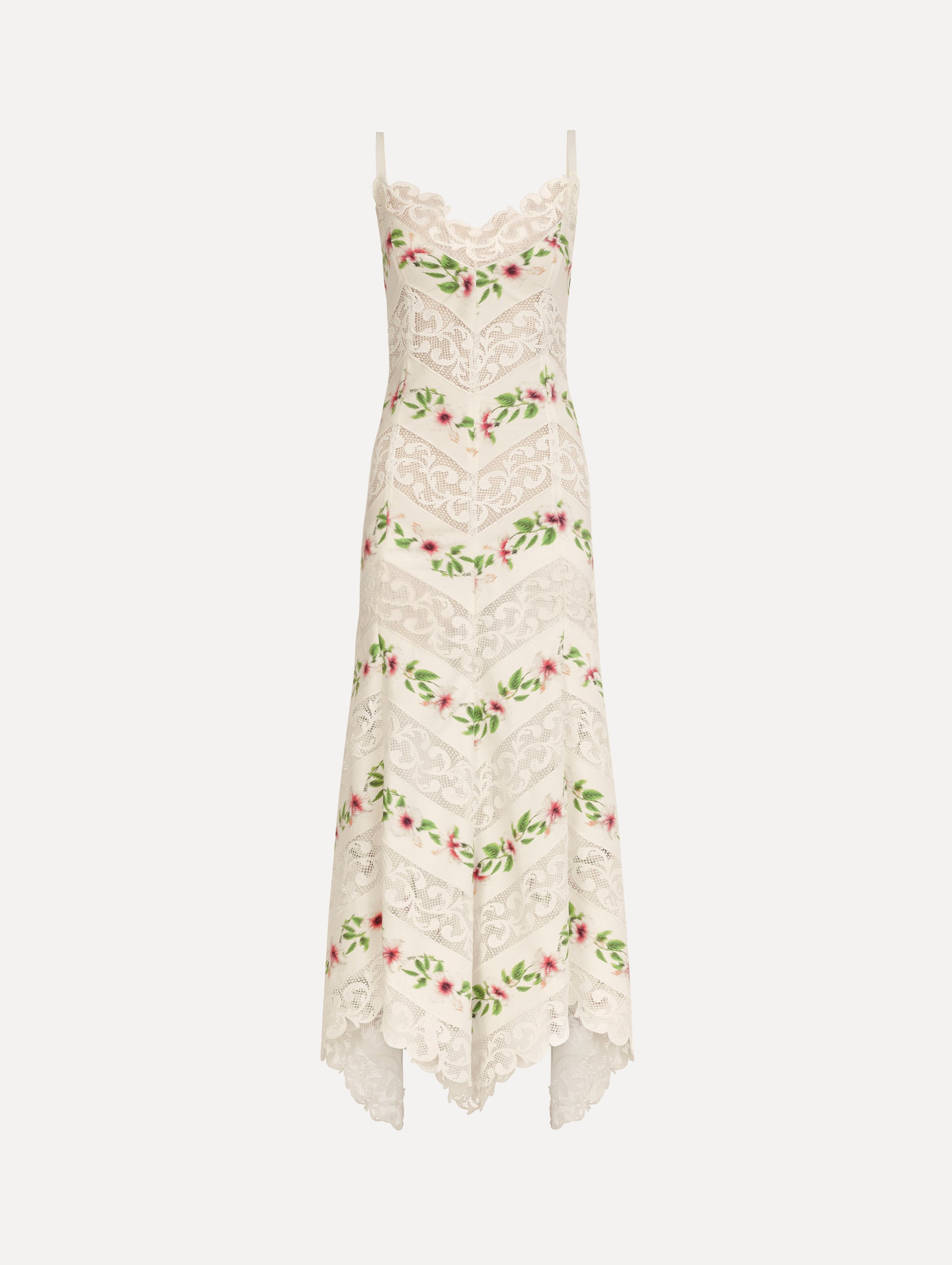 The Chiné Hibiscus Striped Cotton Poplin Dress in Ivory. Featuring a lace neckline, tank straps, and woven hibiscus motifs alternating with panels of faille and guipure lace, creating a striped composition. Front View.