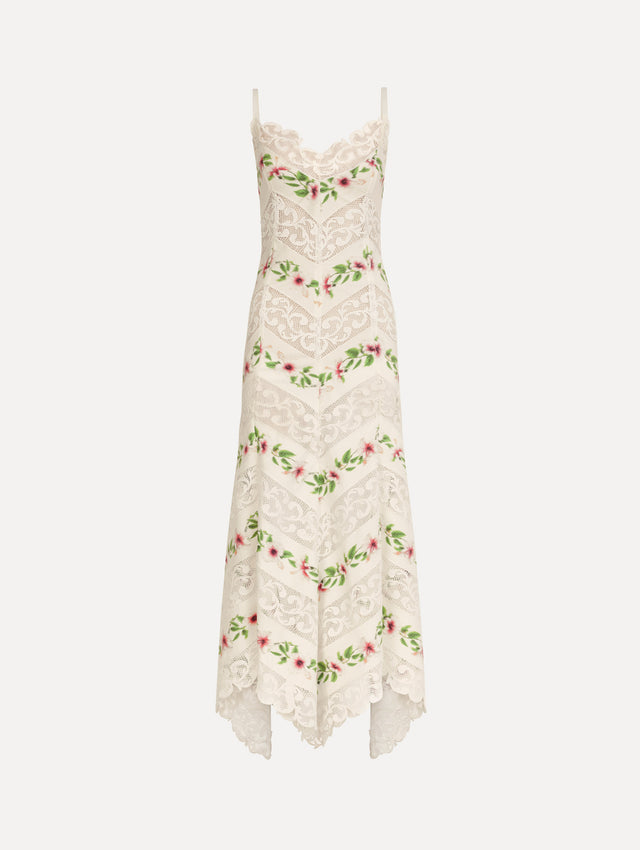 The Chiné Hibiscus Striped Cotton Poplin Dress in Ivory. Featuring a lace neckline, tank straps, and woven hibiscus motifs alternating with panels of faille and guipure lace, creating a striped composition. Front View.