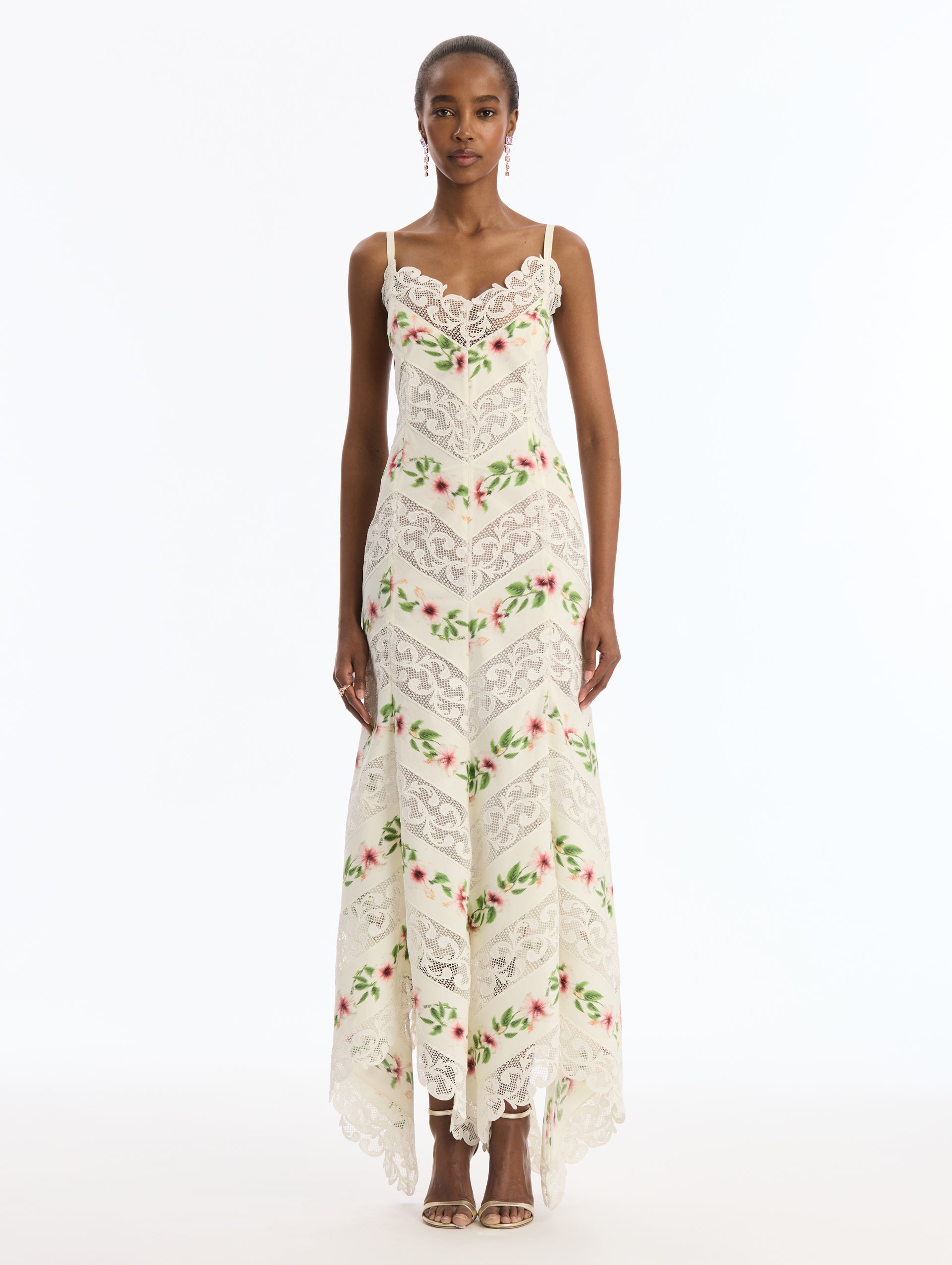 Ivory Cotton Poplin Maxi Dress with Chiné Hibiscus Striped Print. Delicate Straps. Front View.