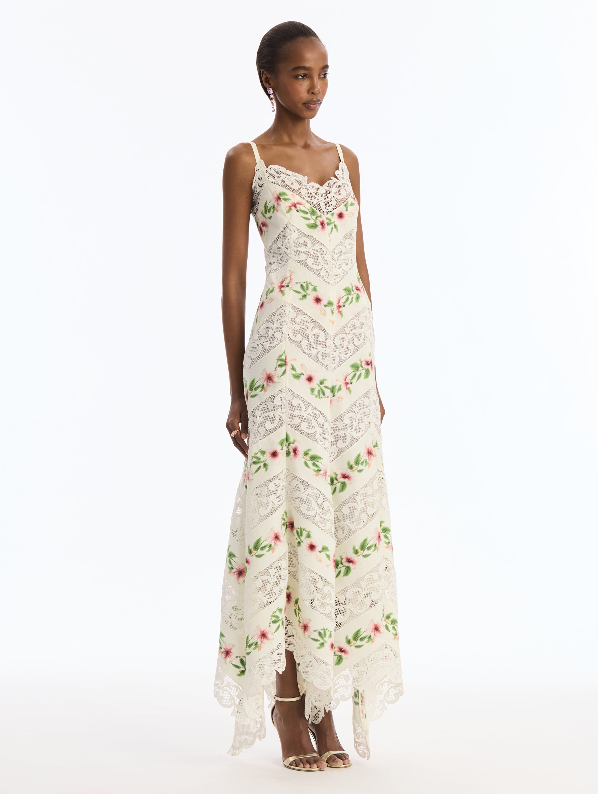 Ivory Cotton Poplin Maxi Dress with Chiné Hibiscus Striped Print. Delicate Straps. Side View.