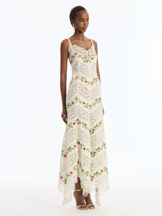Ivory Cotton Poplin Maxi Dress with Chiné Hibiscus Striped Print. Delicate Straps. Side View.