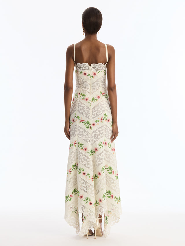 Ivory Cotton Poplin Maxi Dress with Chiné Hibiscus Striped Print. Delicate Straps. Back View.