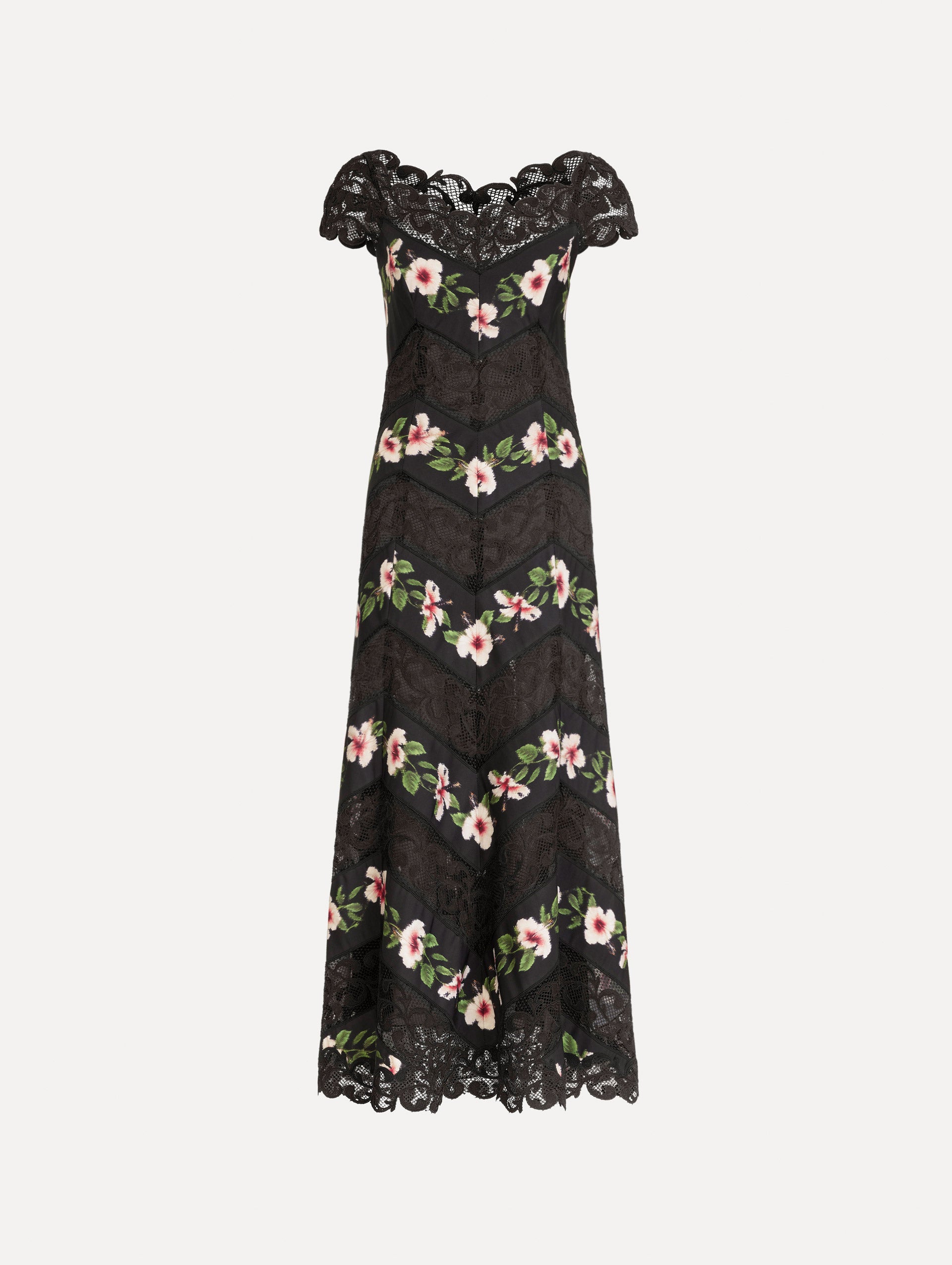 The Chiné Hibiscus Striped Faille Midi Dress in Black. Featuring off-the-shoulder cap sleeves, a midi length, and woven hibiscus motifs alternating with panels of faille and guipure lace, creating a striped composition. Front View.