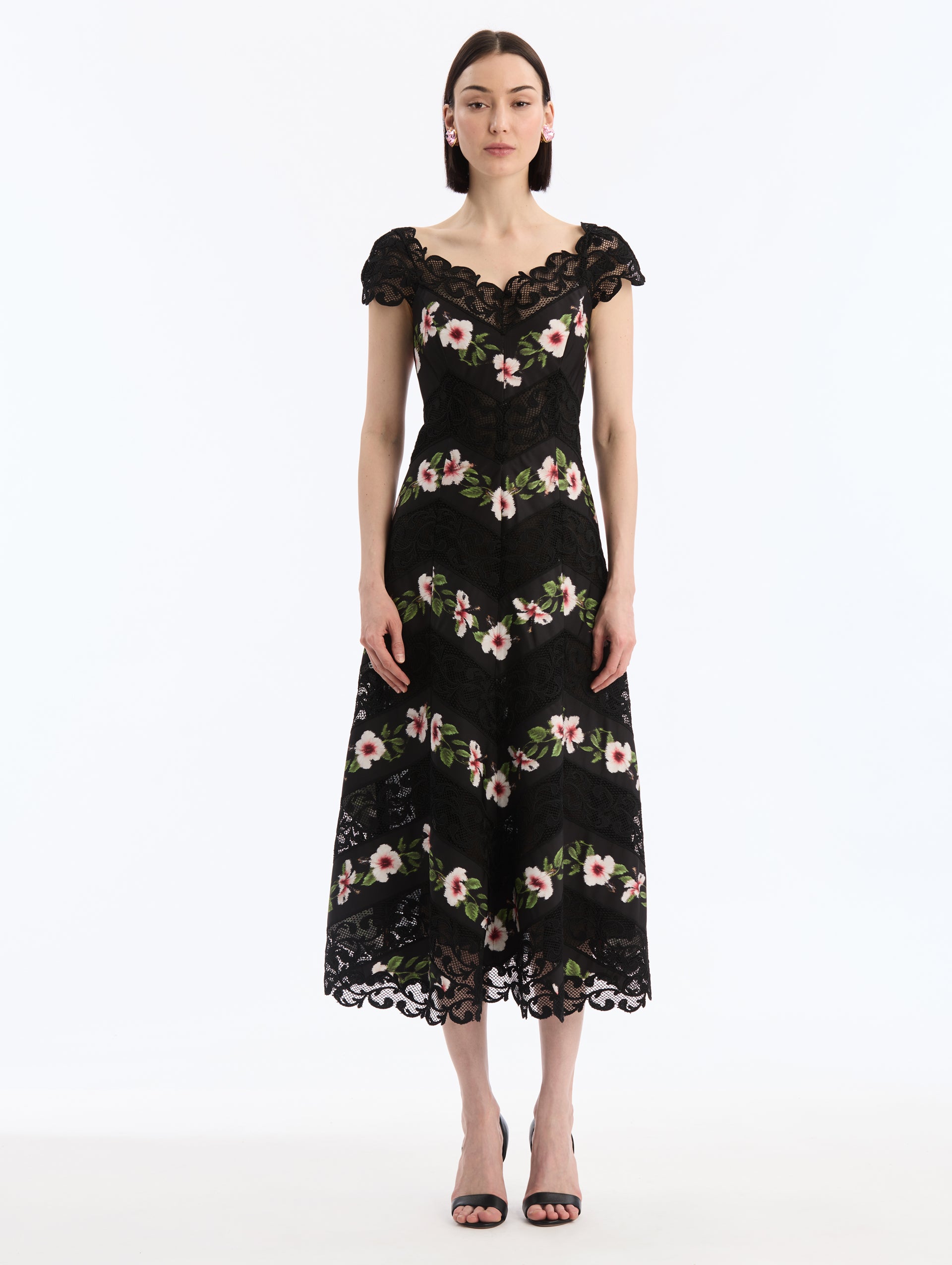 Black Faille Midi Dress, V-Neck, Short Sleeve. Chiné Hibiscus Striped Print. Front View. 