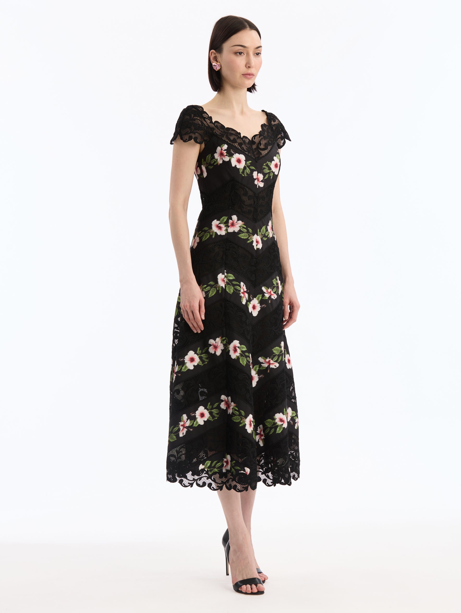 Black Faille Midi Dress, V-Neck, Short Sleeve. Chiné Hibiscus Striped Print. Side View. 