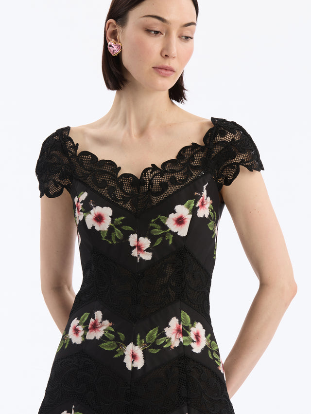 Black Faille Midi Dress, V-Neck, Short Sleeve. Chiné Hibiscus Striped Print. Front View, Close Up. 