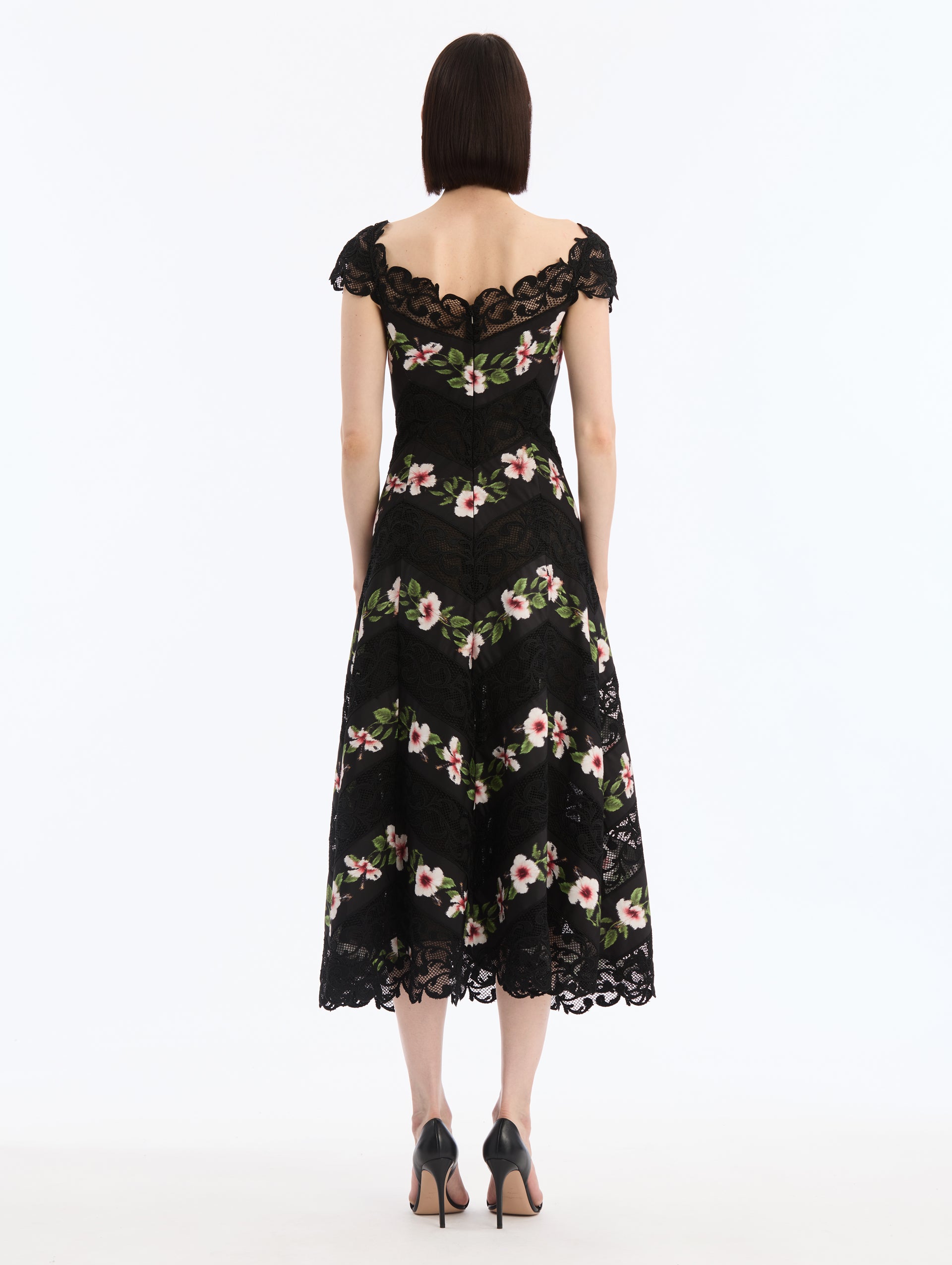 Black Faille Midi Dress, V-Neck, Short Sleeve. Chiné Hibiscus Striped Print. Back View. 