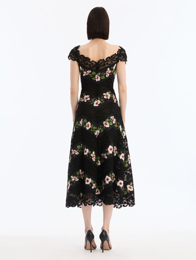 Black Faille Midi Dress, V-Neck, Short Sleeve. Chiné Hibiscus Striped Print. Back View. 