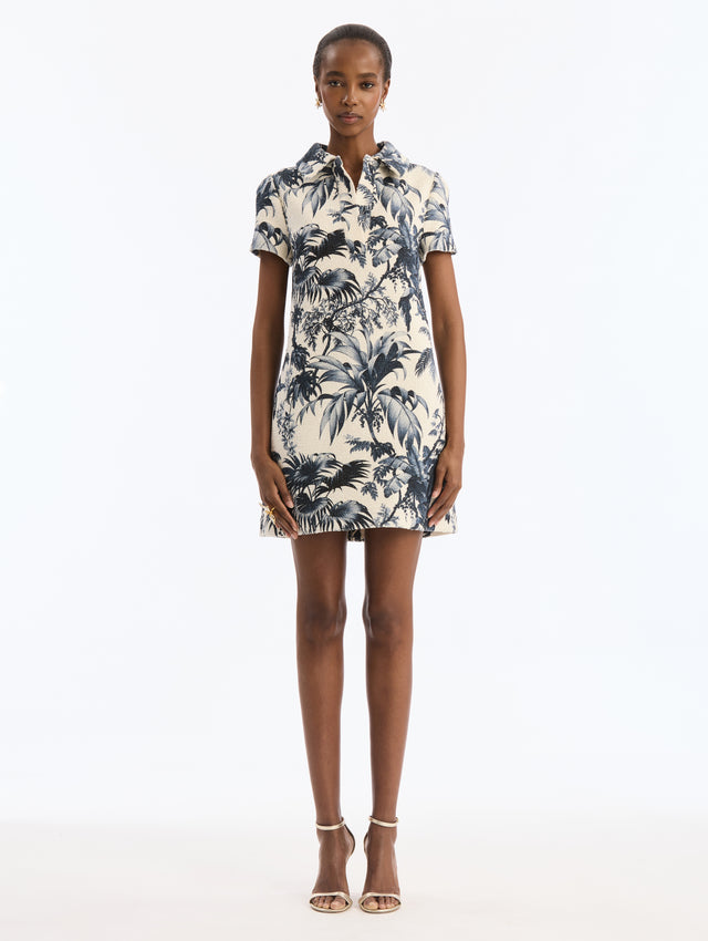 Ivory Mini Shift Dress, Short Sleeve, Collared with Navy Chiné Palm Leaves Print. Front View.